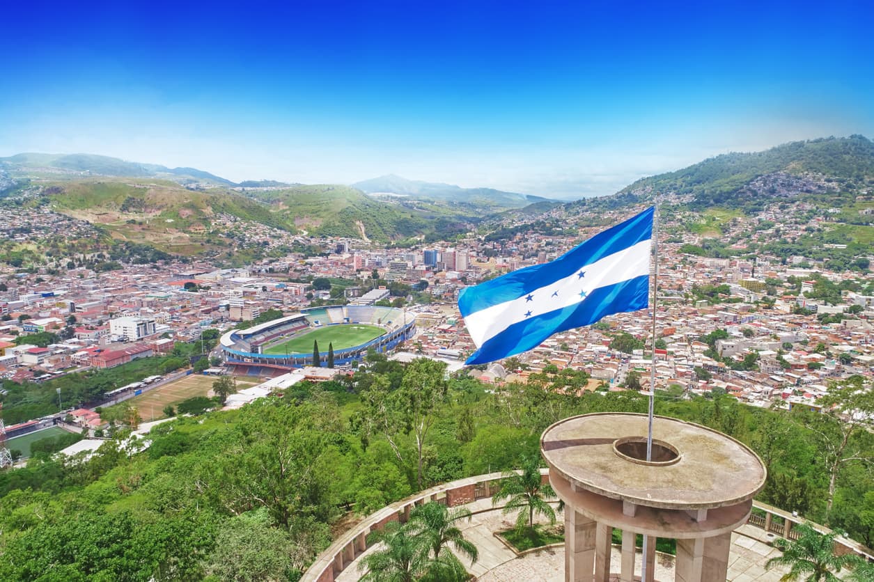 The flag of Honduras overlooking the city of Tegucigalpa